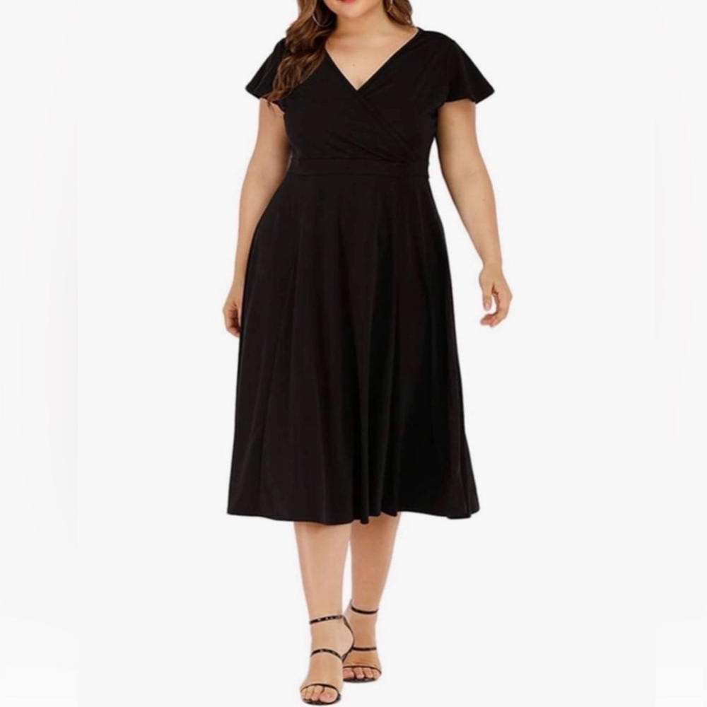 Ruffle Sleeve Black Midi Wrap Dress